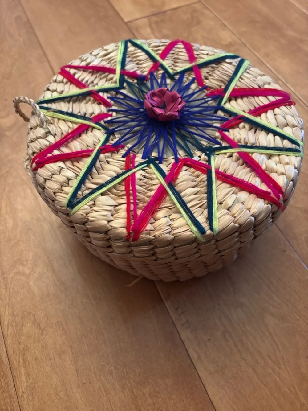Wicker Mexican Basket | Floral Topped Attached Weaved Design | Decor Boho Hippie